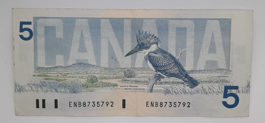 1986 Bank of Canada / Banque Du Canada - 5 Canadian Dollars CAD Banknote P-85a Serial No. ENB 8735792