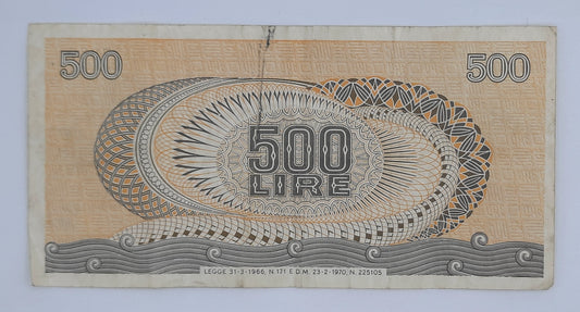 1970 Banca D'Italia, Italy - 500 Italian Lire ITL Banknote P-93a Serial No. C23 127887