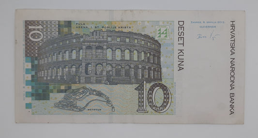 2012 Croatia, Hrvatska Narodna Banka - 10 (Ten) Croatian Kuna Banknote P-38b Serial No. B 8994596 A