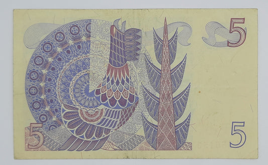 1977 Sweden, Sveriges Riksbank - 5 Swedish Kronor SEK Banknote Serial NO. H 756153 P-51d