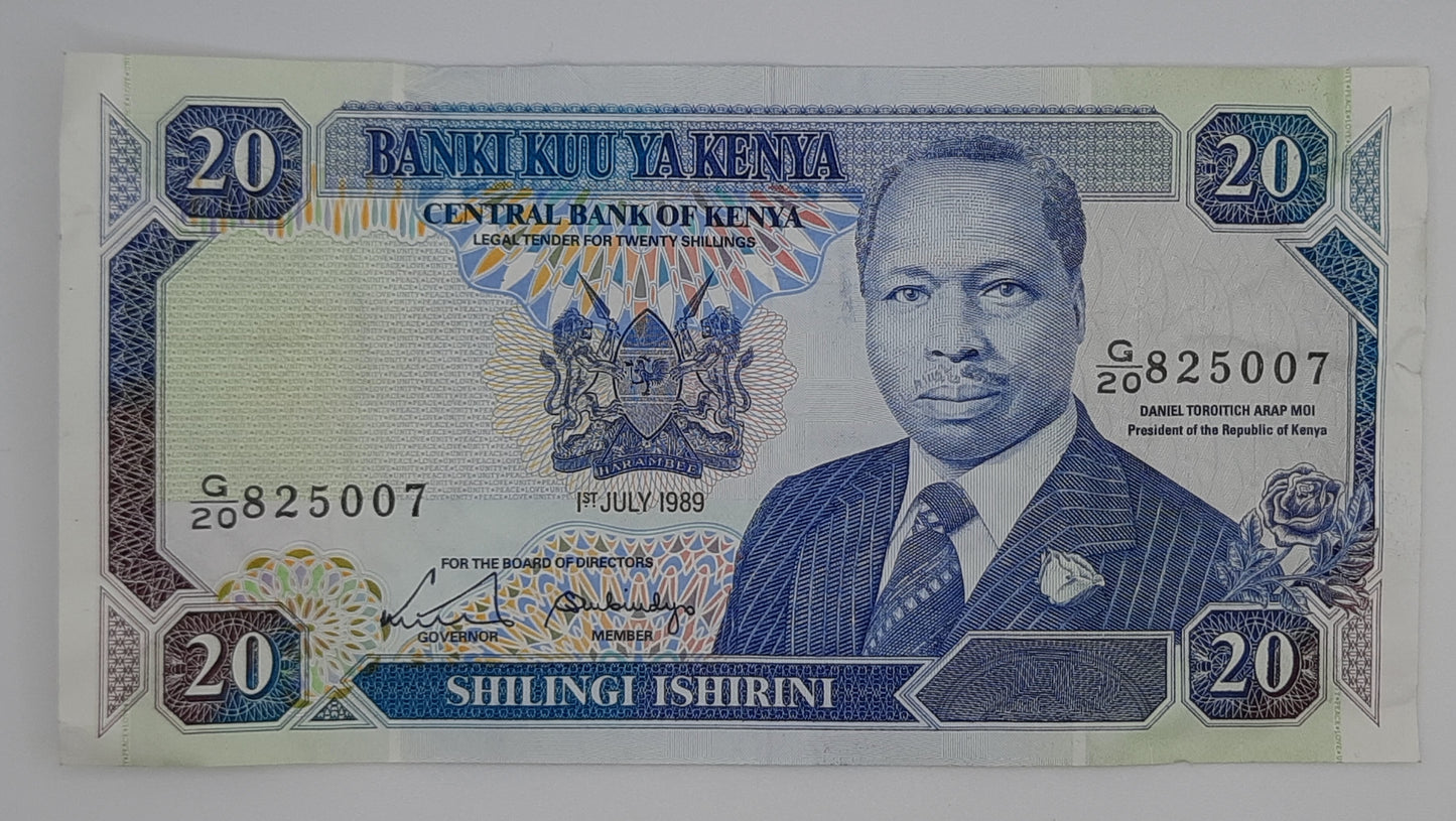 1989 Banki Kuu Ya Kenya - 20 Kenyan Shillings Banknote P-25b Serial No. G20 825007