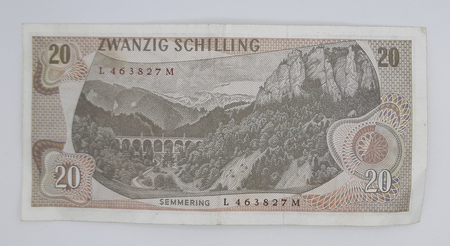1967 Austria, Austrian National Bank - 20 Austrian Schilling Banknote P-142 No. L 463827 M