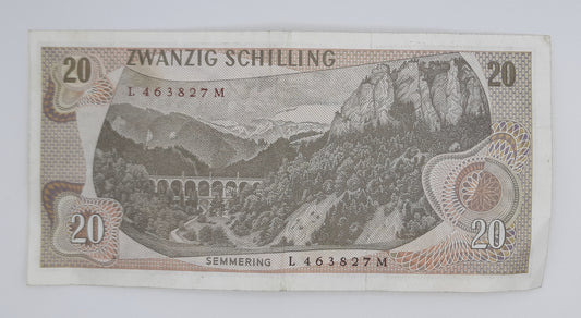 1967 Austria, Austrian National Bank - 20 Austrian Schilling Banknote P-142 No. L 463827 M