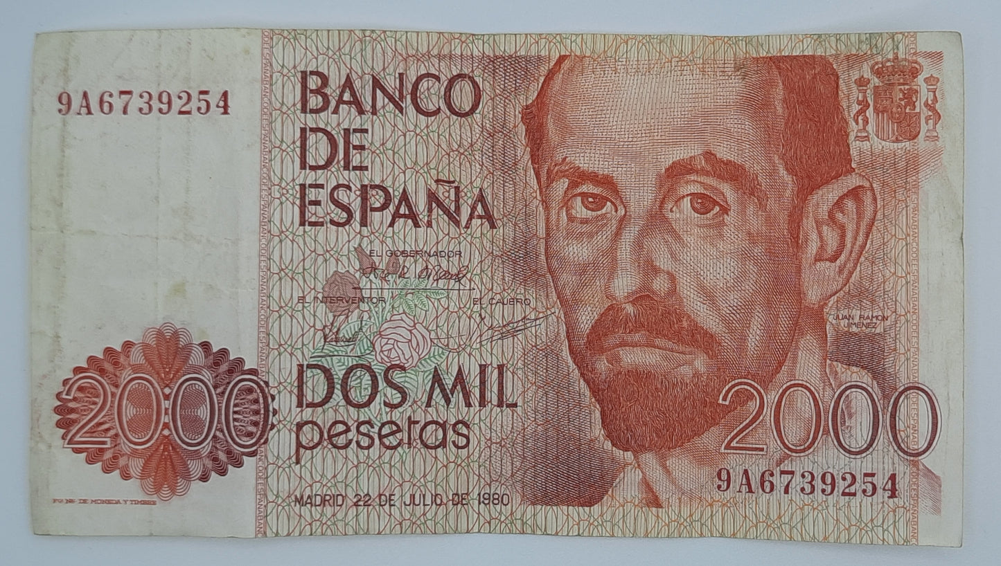 1980 Spain, Banco De Espana - 2000 Spanish Pesetas Banknote ESP Serial No 9A 6739254 P-159