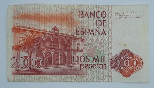 1980 Spain, Banco De Espana - 2000 Spanish Pesetas Banknote ESP Serial No 9A 6739254 P-159