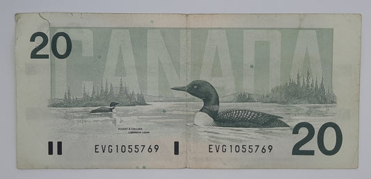 1991 Bank of Canada / Banque Du Canada - 20 Canadian Dollars CAD Banknote Serial No. EVG 1055769 P-96