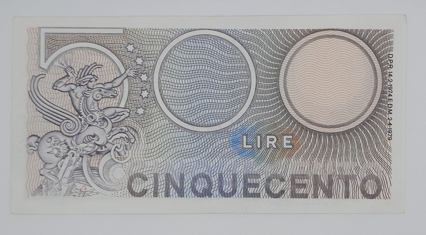 1979 Banca D'Italia, Italy - 500 Italian Lire ITL Banknote P-94 E Vangelli