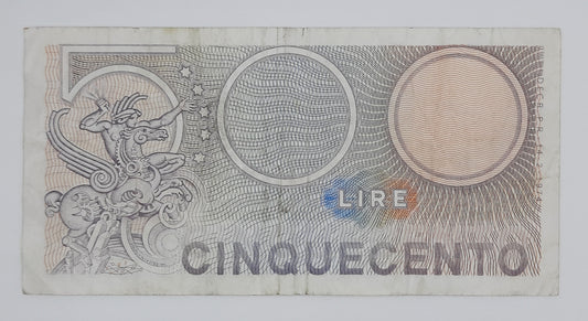 1974 Banca D'Italia, Italy - 500 Italian Lire ITL Banknote P-94 Serial NO. T01 752343