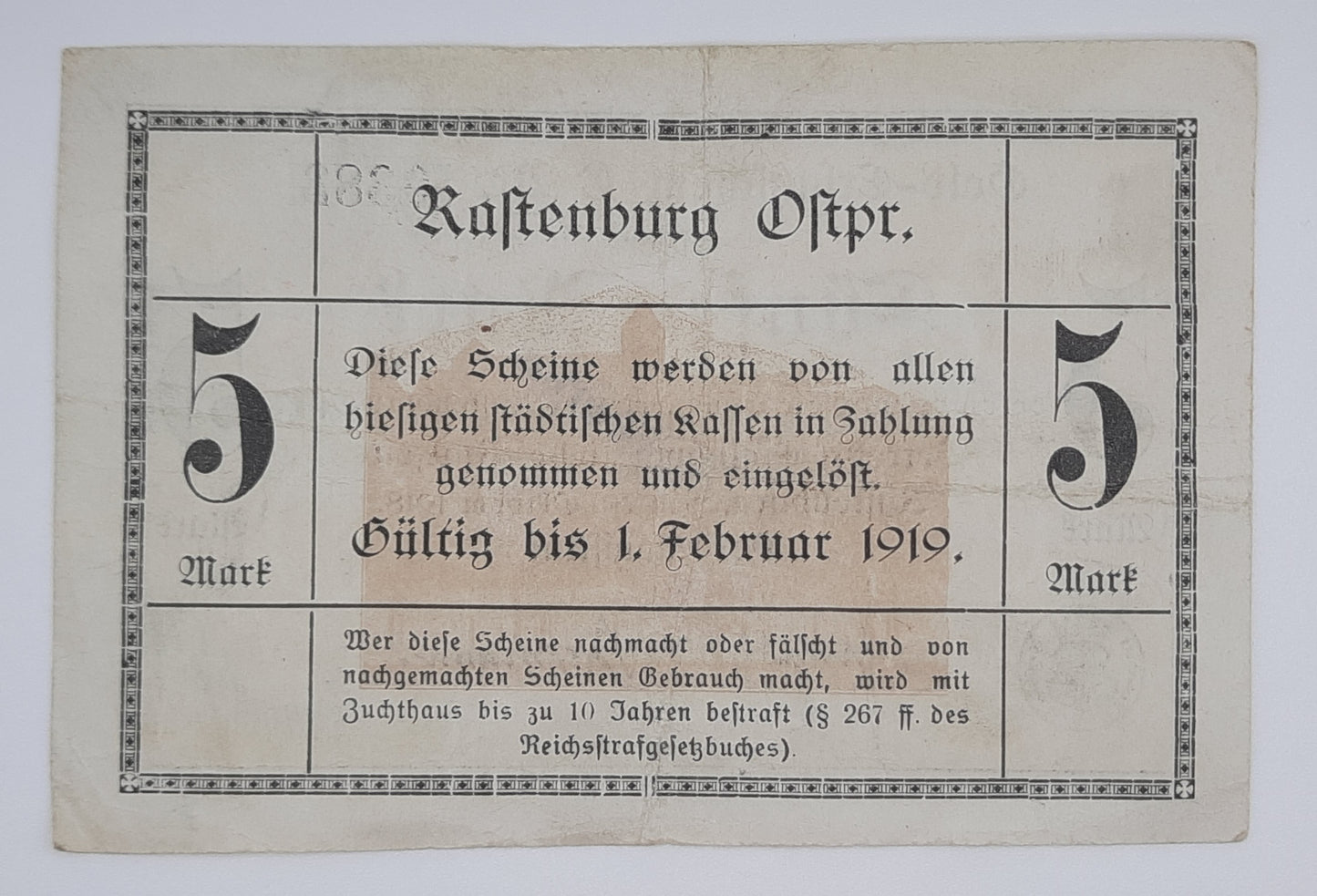 1918 Germany German Empire Rastenburg, Kętrzyn - 5 German Mark Notgeld Banknote GEI435.02 Serial No. C 0383