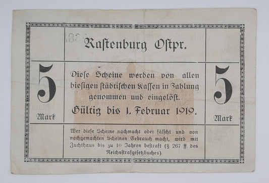 1918 Germany German Empire Rastenburg, Kętrzyn - 5 German Mark Notgeld Banknote GEI435.02 Serial No. C 0383
