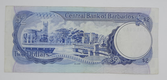 1986 Barbados, Central Bank of Barbados - 2 Dollars Banknote P-36 Serial No. H7 312449