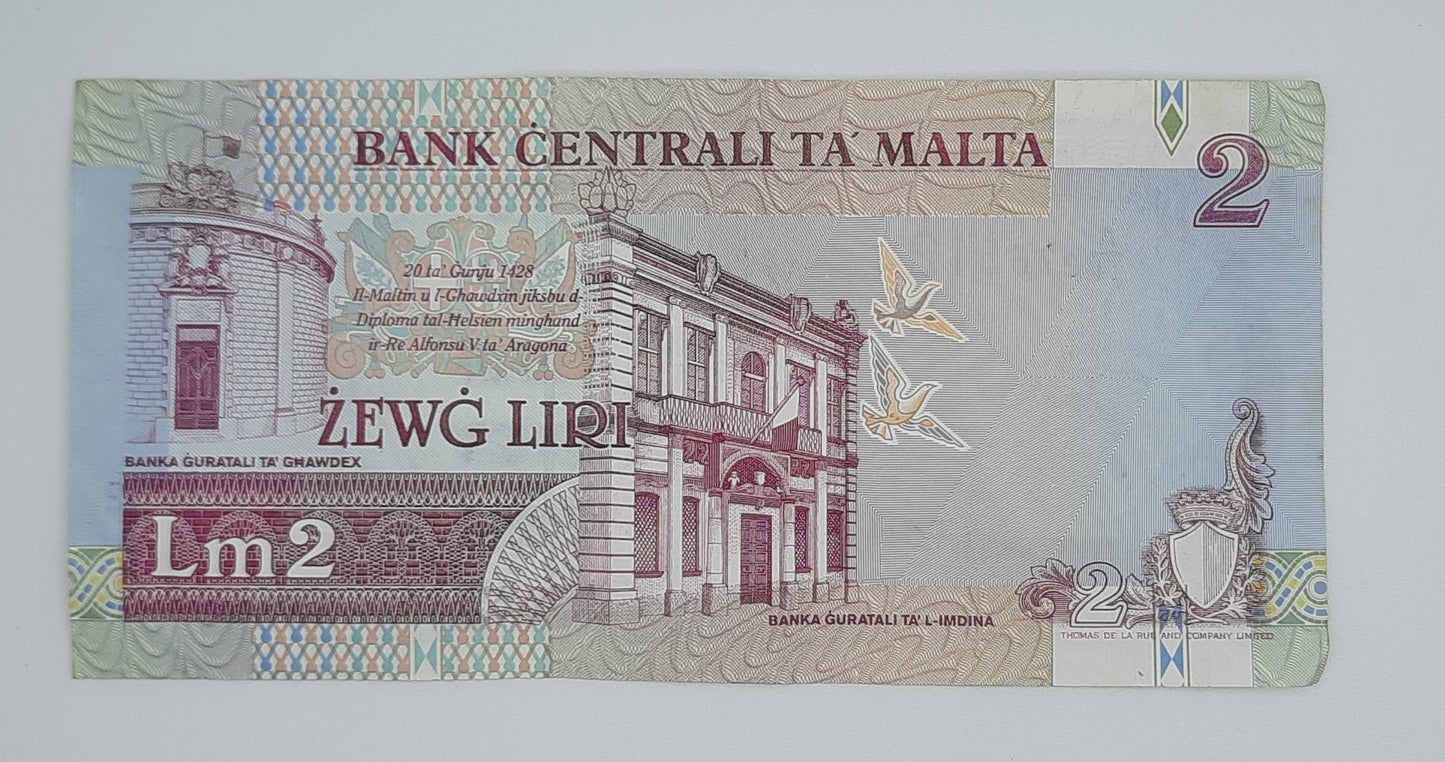 1989 Bank Centrali ta' Malta - 2 Maltese Pounds / Lira Banknote P-41a Serial No. A11 276512