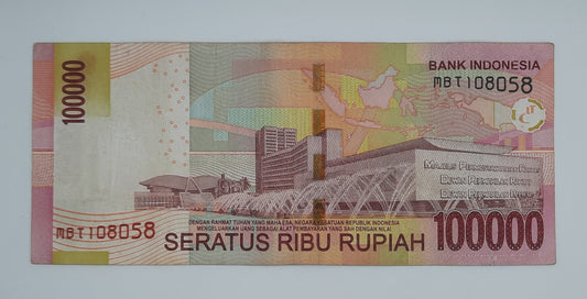 2014 Bank Indonesia - 100000 Indonesian Rupiah Banknote P-154 Serial No. MBT 108058