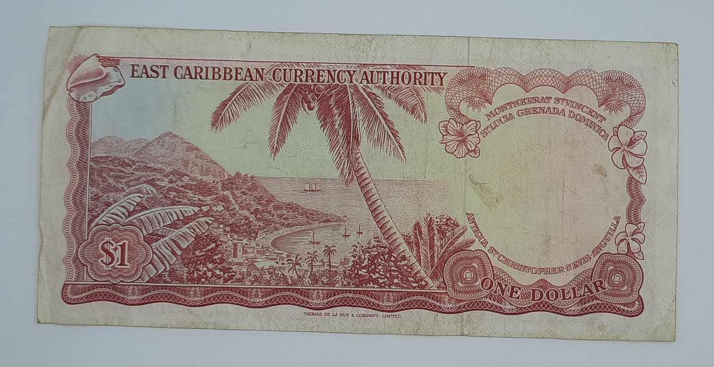 1965 Eastern Caribbean Currency Authority ECCA - 1 (One) XCD Dollar Banknote Serial No. B68 072209 P-13