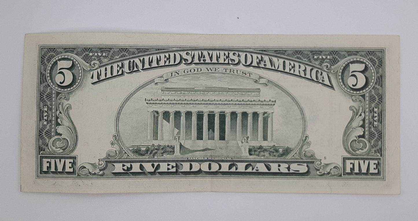 1995 United States of America - 5 (Five) US Dollars Federal Reserve Banknote P-453 Serial No. L 73465407 B
