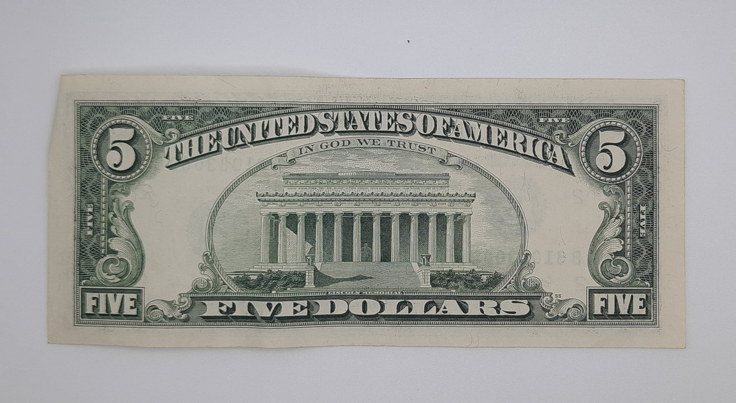 1995 United States of America - 5 (Five) US Dollars Federal Reserve Banknote P-453 Serial No. B 81083080 D