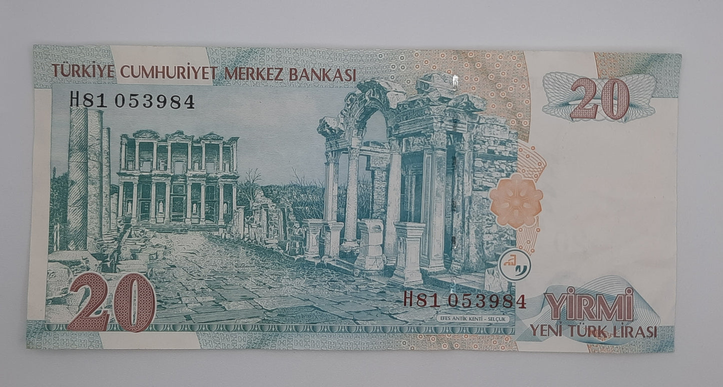 2005 Central Bank of TURKEY - 20 Turkish Lira Banknote Serial No. H81 053984 P-219a.2