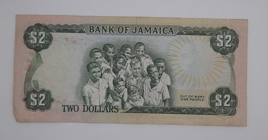 1976 Jamaica, Bank of Jamaica - 2 Jamaican Dollars Banknote P-60a Serial No. GX 591195