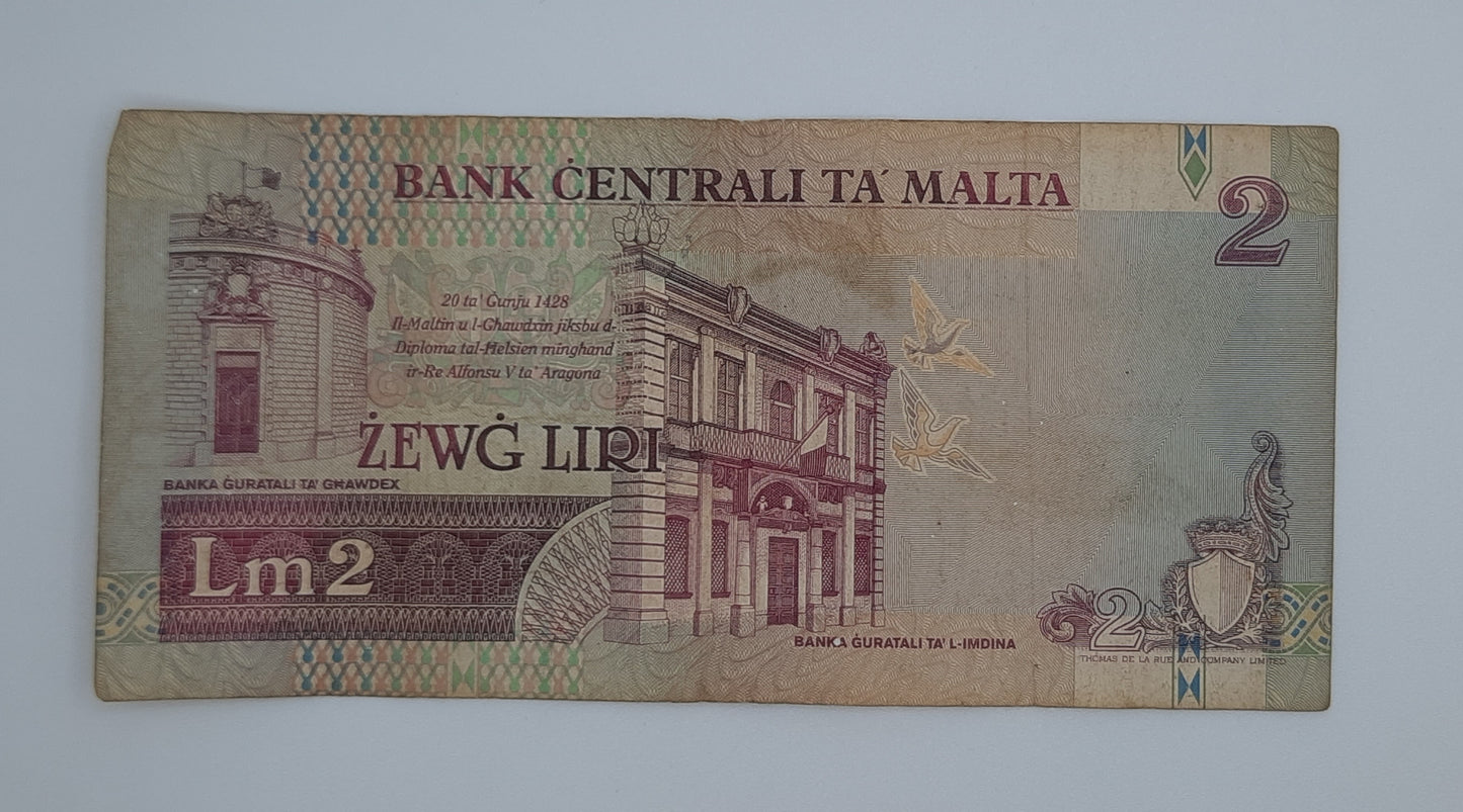 1994 Bank Centrali ta' Malta - 2 Maltese Pounds / Lira Banknote P-45c Serial No. A16 664980