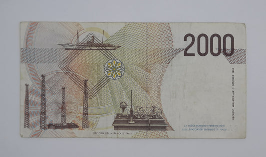 1990 Banca D'Italia, Italy - 2000 Italian Lire ITL Banknote P-115 Serial No. CA 110386 L