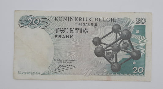 1964 Belgium, Banque Nationale Belgique - 20 Belgian Francs Banknote Serial No. 4A 5250817 P-138