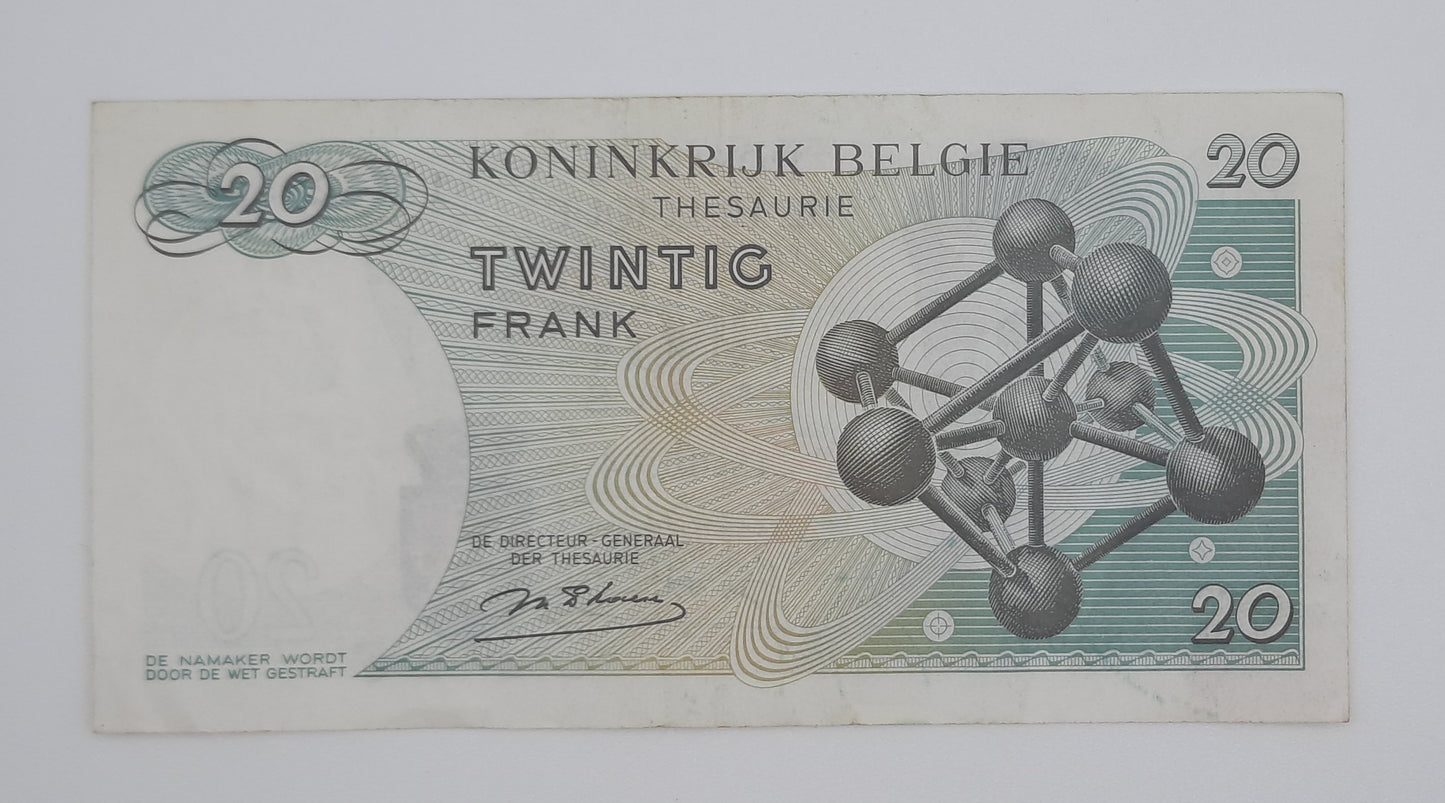 1964 Belgium, Banque Nationale Belgique - 20 Belgian Francs Banknote Serial No. 1V 5285087 P-138