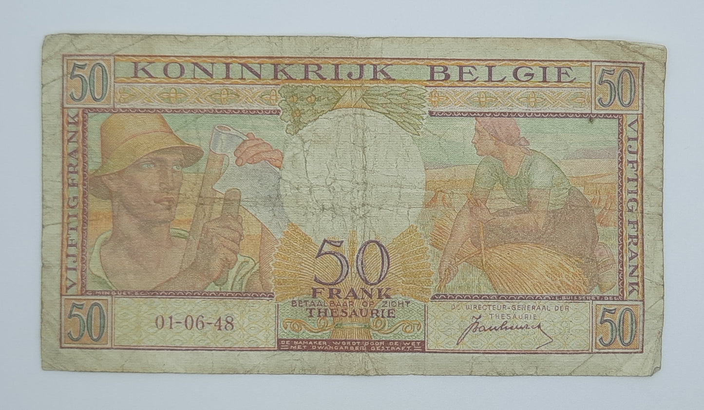 1948 Belgium, Banque Nationale Belgique - 50 Belgian Francs Banknote Serial No. B02 374295 P-133a