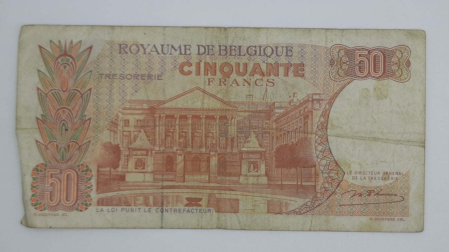 1966 Belgium, Banque Nationale Belgique - 50 Belgian Francs Banknote Serial No. 2708 U 098 P-139a