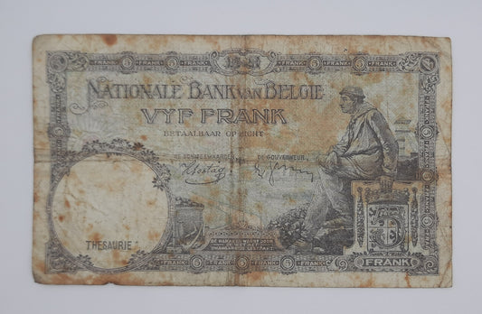 1938 Belgium, Banque Nationale Belgique - 5 (Five) Belgian Francs Banknote Serial No. O16 163317 P-108a