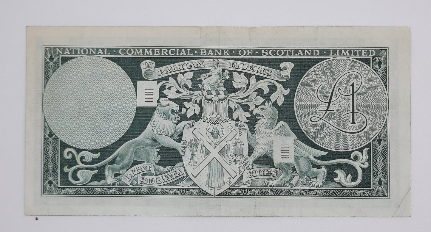 1968 The National Commercial Bank of Scotland UK - £1 (One) Scottish Pound Banknote Serial No. F1 29615 P-274a