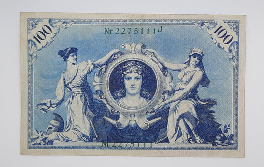 1908 Germany, German 2nd Empire 100 German Mark Banknote P-34a Serial No. J 2275111