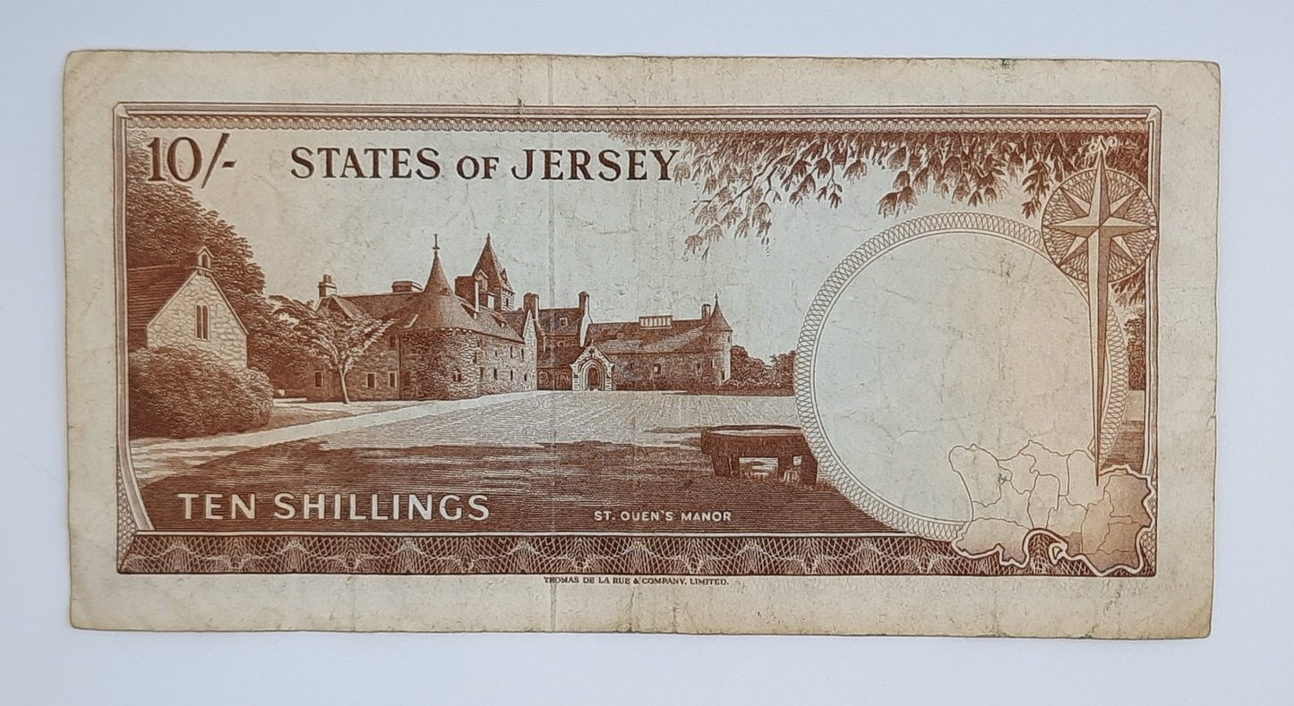 1963 States of Jersey, Channel Islands - 10 (Ten) Jersey Shillings Banknote Serial No. B 942019 P-7a