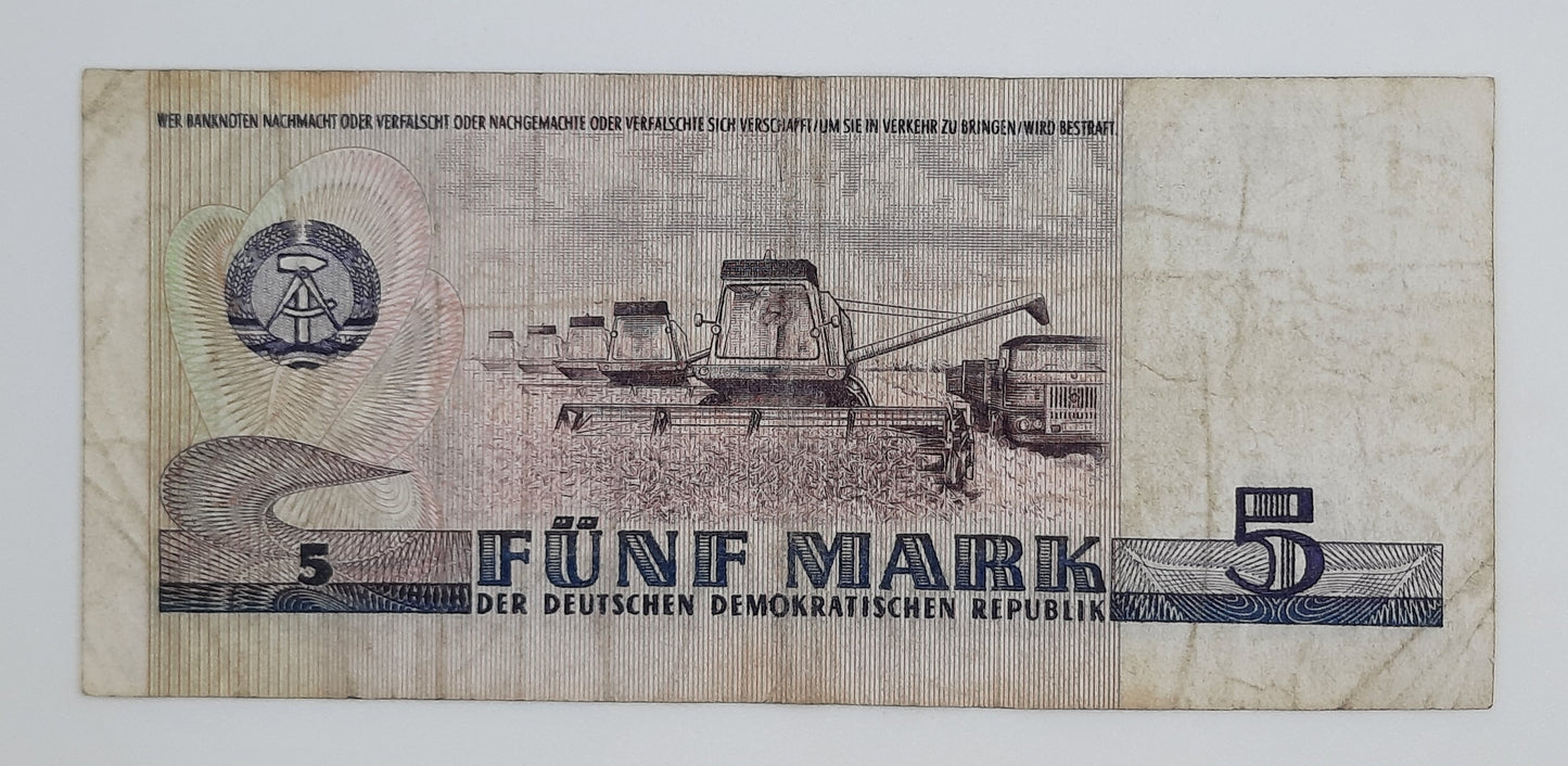 1975 East Germany GDR, Deutsche Notenbank der DDR - 5 Ostmark German Mark Banknote P-24f Serial No. JD 548722