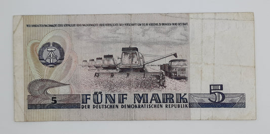 1975 East Germany GDR, Deutsche Notenbank der DDR - 5 Ostmark German Mark Banknote P-24f Serial No. QJ 465289