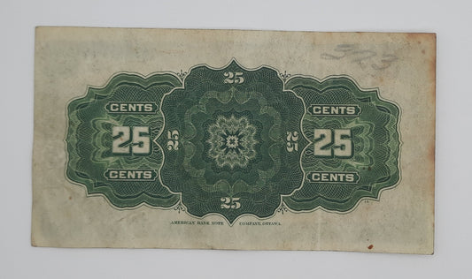 1900 Dominion of Canada - 25 Canadian Cents Banknote P-9b