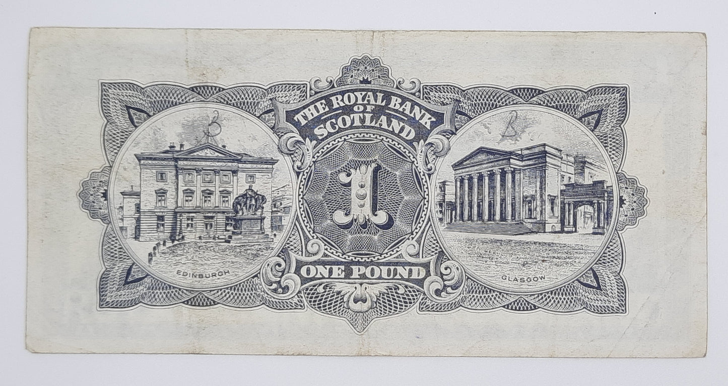 1966 The Royal Bank of Scotland UK - £1 (One) Scottish Pound Banknote P-325 Serial No. CL 281951