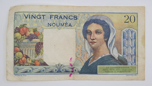 1954 French Pacific Territories New Caledonia Banque De L'Indochine - 20 Francs Banknote P-50b