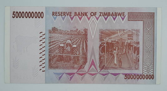 2008 Reserve Bank of Rhodesia, Zimbabwe - 5 Billion Dollars Banknote Serial No. AA 5535247 P-84