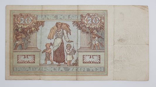 1931 Bank Polski, Poland - 20 Polish Zlotych PLN Banknote Serial No. DI 5925771 P-73