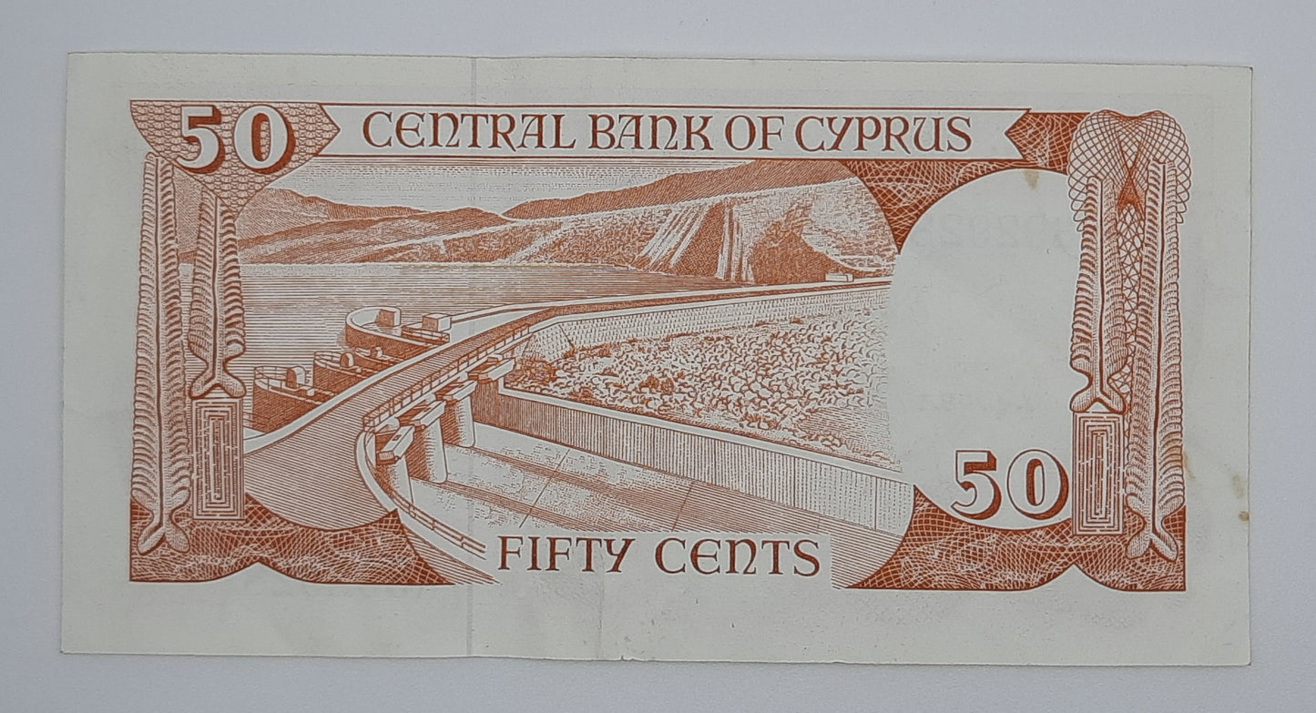 1987 Central Bank of Cyprus - 50 (Fifty) Cypriot Sent / Cents Banknote Serial No. K 392928