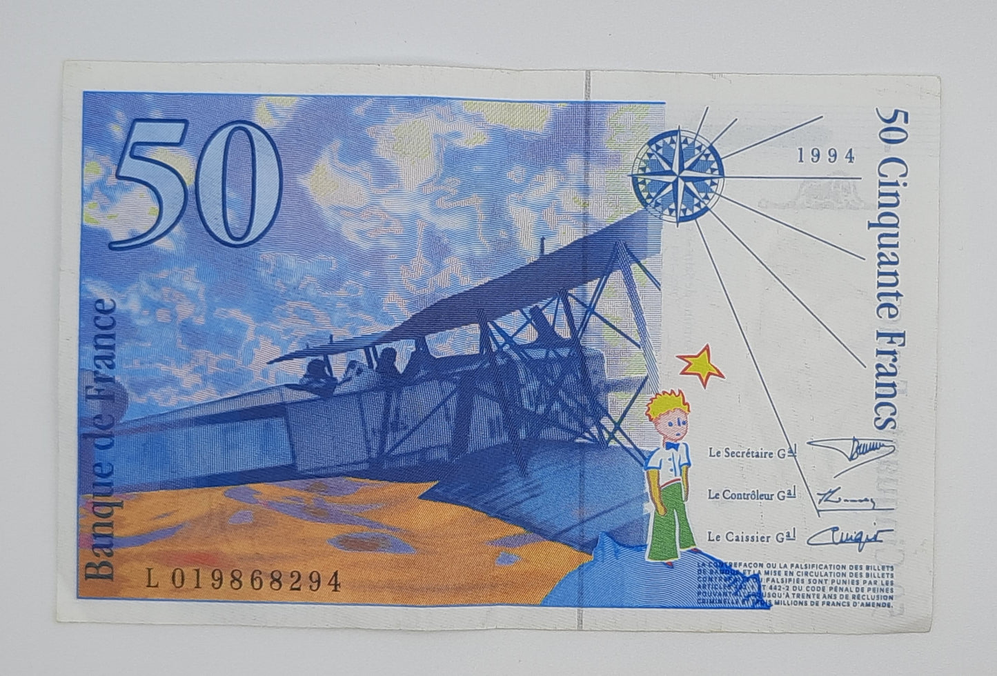 1994 Banque De France - 50 (Fifty) French Francs Banknote Serial No. L 019868294 P-157 Antoine de Saint‑Exupéry