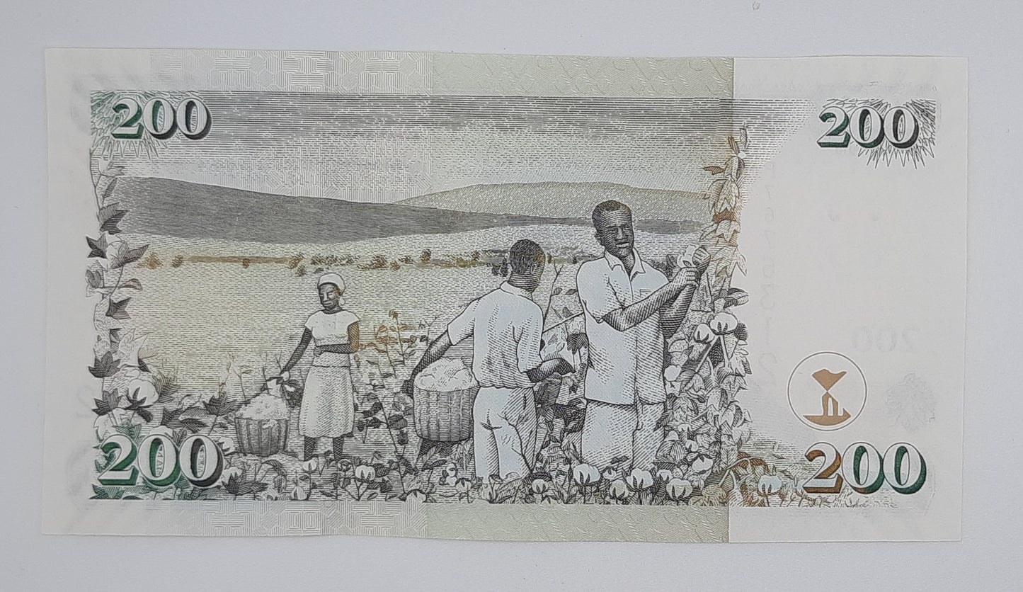 2010 Banki Kuu Ya Kenya - 200 Kenyan Shillings / Shillingi Banknote P-49e Serial No. CP 7676312 Jomo Kenyatta