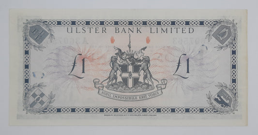 1976 Ulster Bank, Northern Ireland UK - 1 Northern Irish Pound Note Serial No. A 3607563 P-325b