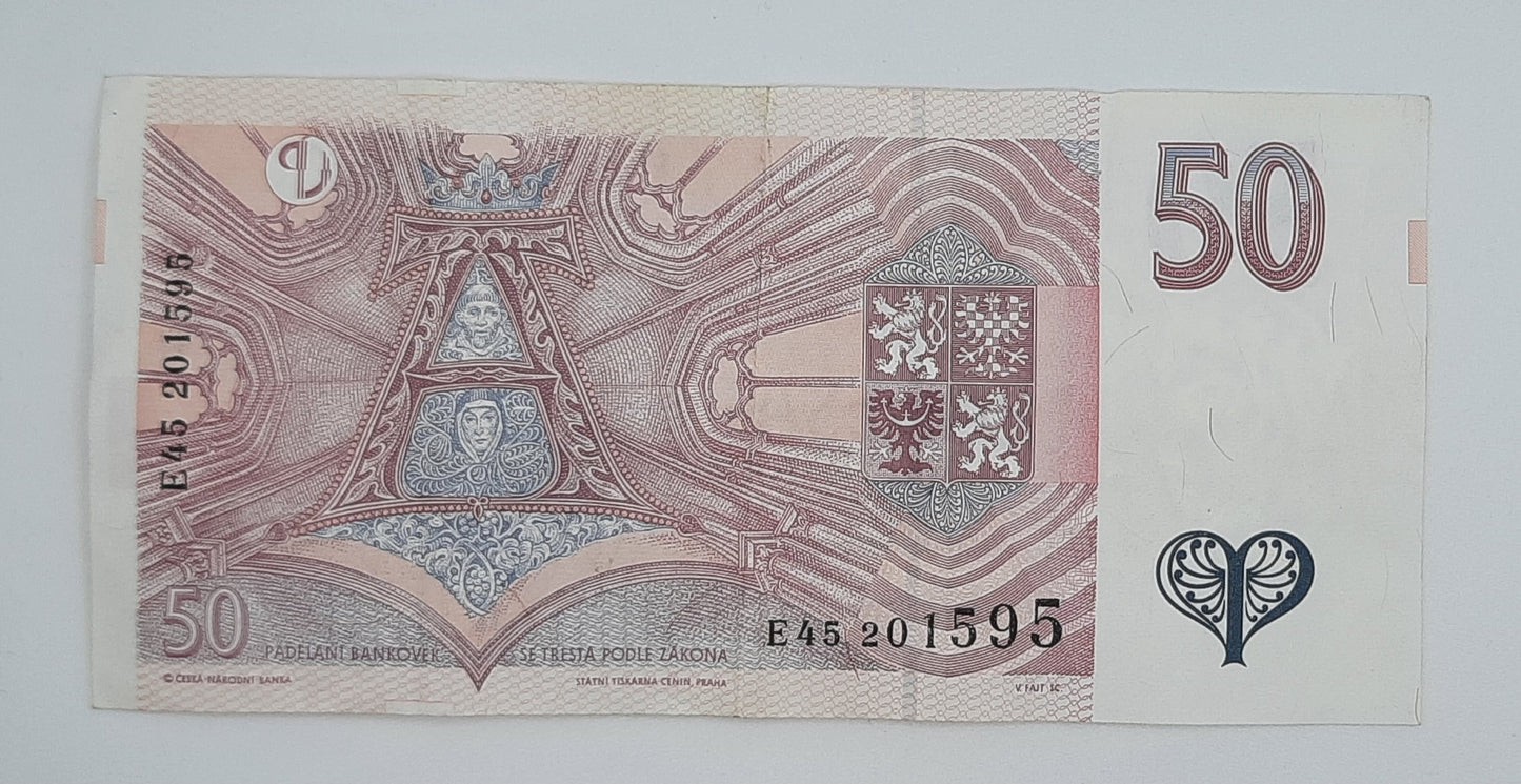 1997 Czech Republic Ceska Narodni Banka 50 Czech Korun Koruna Banknote Serial No. E45 201595 P-17