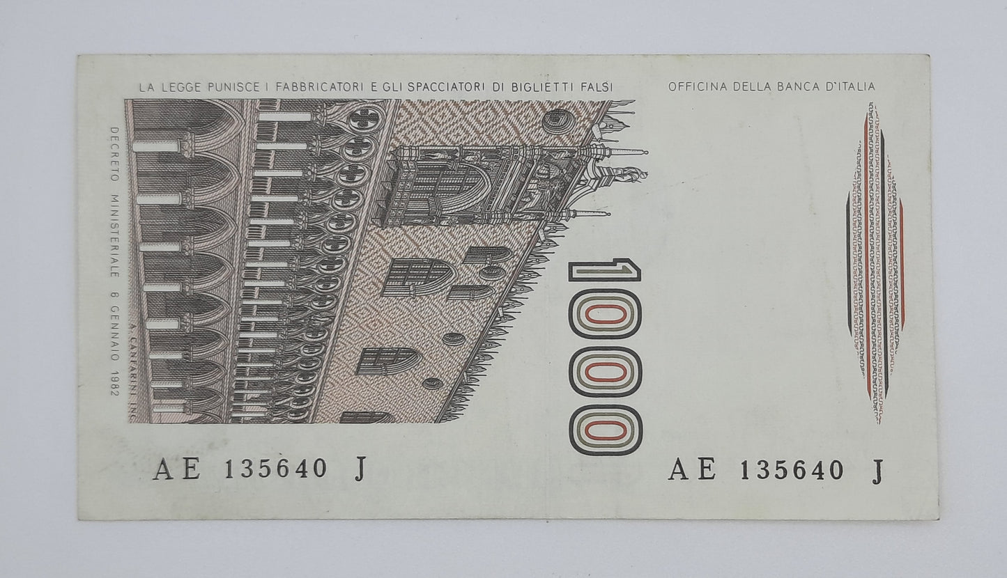 1982 Banca D'Italia, Italy - 1000 Italian Lire ITL Banknote P-109 Serial No. AE 135640 J