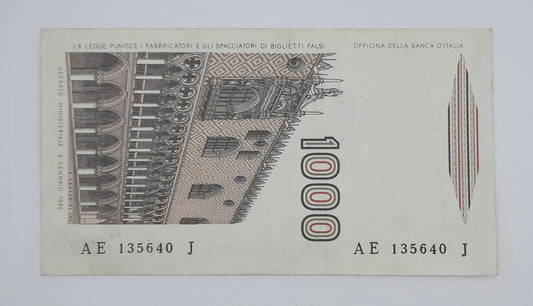1982 Banca D'Italia, Italy - 1000 Italian Lire ITL Banknote P-109 Serial No. AE 135640 J