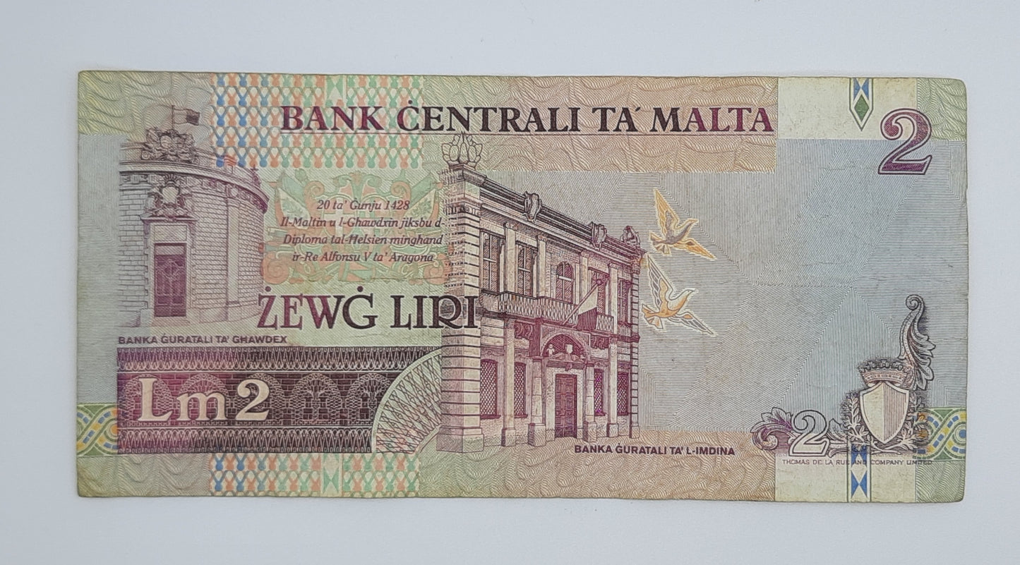 1994 Bank Centrali ta' Malta - 2 Maltese Pounds / Lira Banknote P-45d Serial No. A21 795084