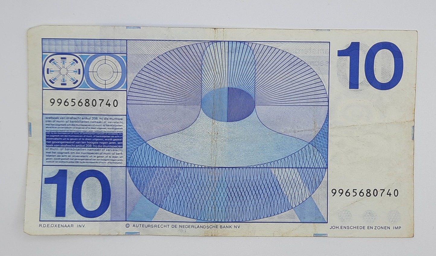 1968 Netherlands De Nederlandsche Bank - 10 Dutch Gulden Banknote P-91 Serial No. 9965680740