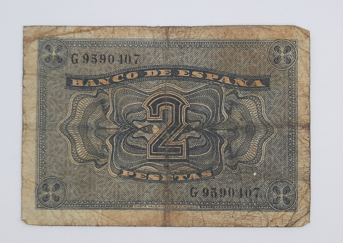 1937 Spain Banco De Espana - 2 Spanish Pesetas Banknote ESP Serial No. G 9590407 P-105