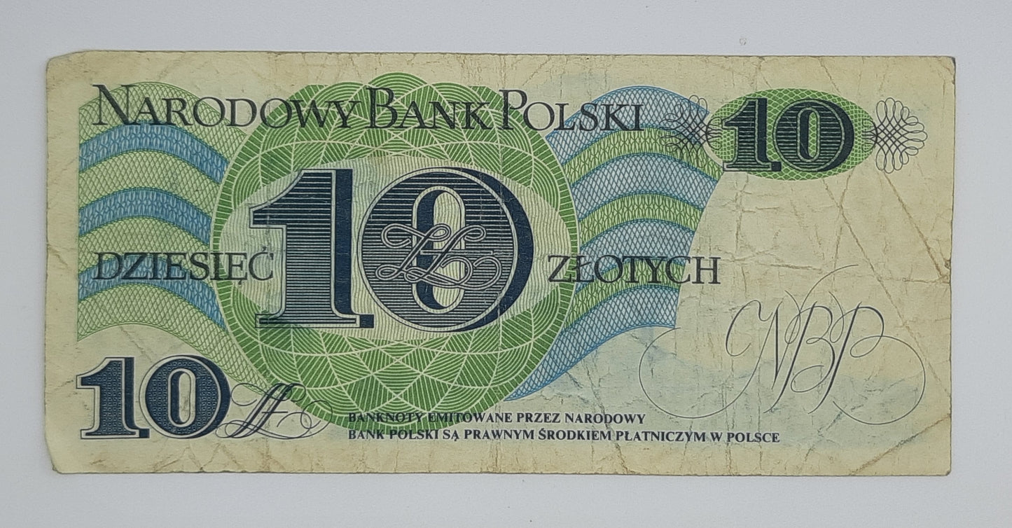 1982 Narodowy Bank Polski, Poland - 10 Polish Zlotych PLN Banknote Serial No. A 0740876 P-148a
